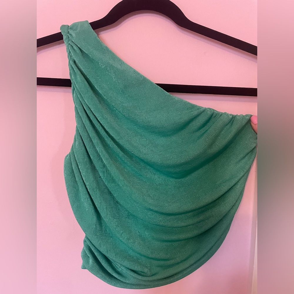 One Shoulder Velvety Green Crop Top